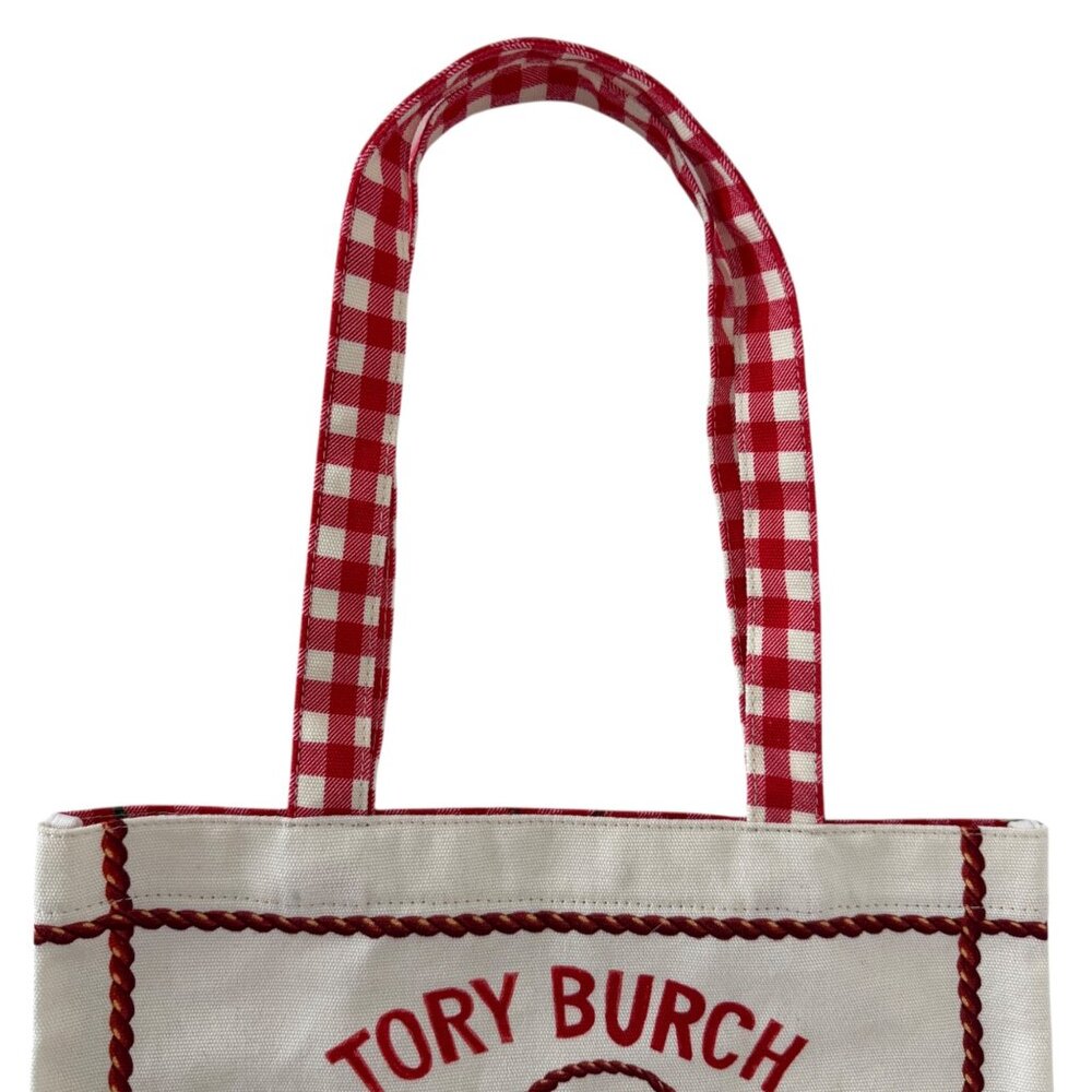 Tory Burch Red Fruits de Marche Plaid Gingham Market Tote Shopping Canvas Bag - Picture 4 of 16